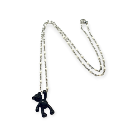 necklace silverchain with white beads and black bear2